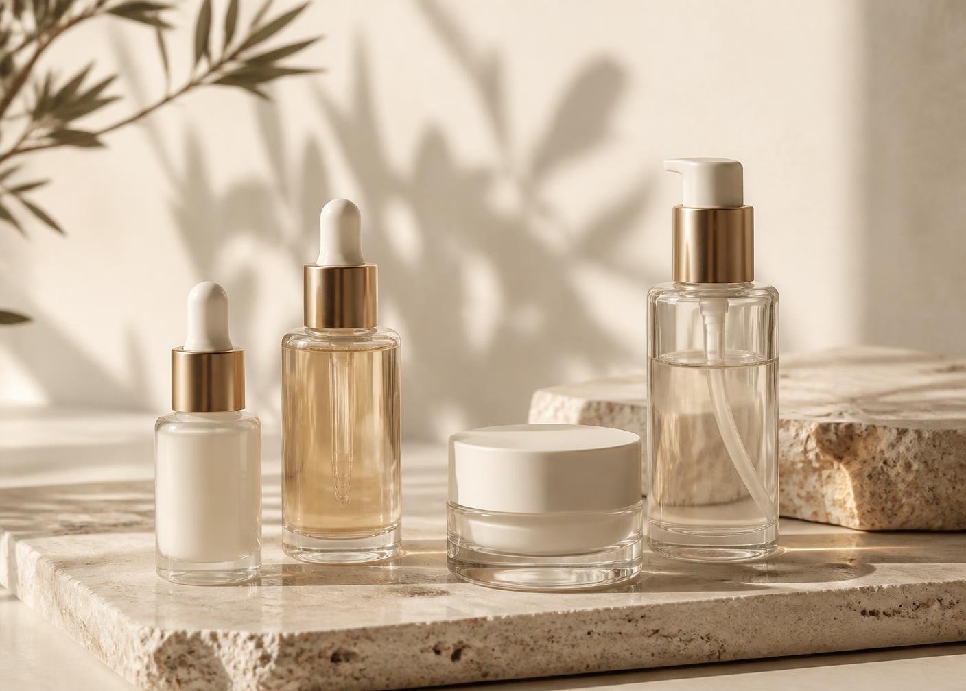 Produtos de skincare sobre pedra